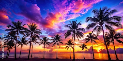 Vibrant Sunset: Purple and Blue Sky over Silhouetted Palm Trees