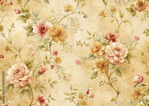 Vintage Beige Floral Wallpaper Texture, Old Fashioned Floral Pattern Background