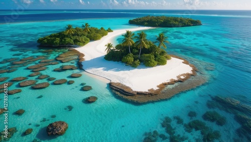 Aerial View of Tropical White Sand Beach with Seashore, Lush Islands, and Vibrant Blue Lagoon in Stunning Nature Landscape, Ideal for Travel Themes