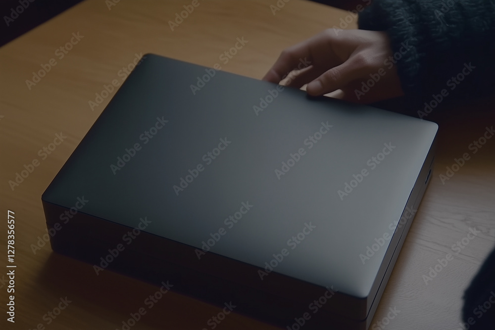 Fototapeta premium Mystery Unveiled: A close-up shot captures the anticipation as a hand reaches towards a sleek, matte black box resting on a wooden surface.