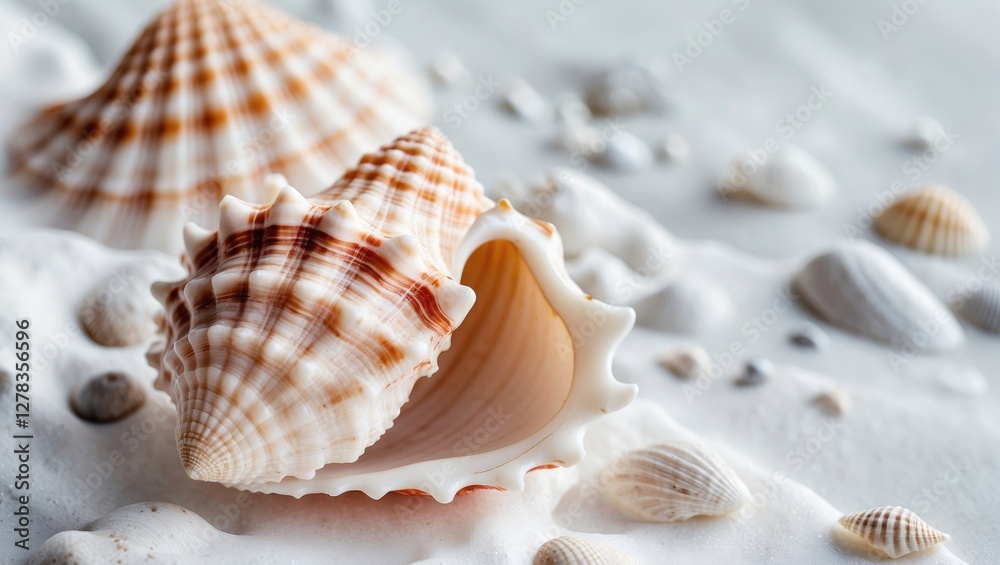 Elegant Seashells on Soft White Sand with Natural Textures and Space for Custom Text or Branding Ideal for Coastal Themes and Designs Elegant Seashells on Soft White Sand with Natural Textures and Space for Custom Text or Branding Ideal for Coastal Themes and Designs