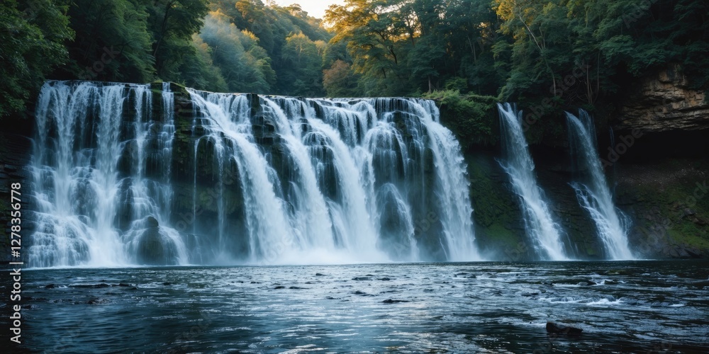 Fototapeta premium Majestic waterfall cascading into serene waters surrounded by lush greenery and natural beauty with space for text overlay.