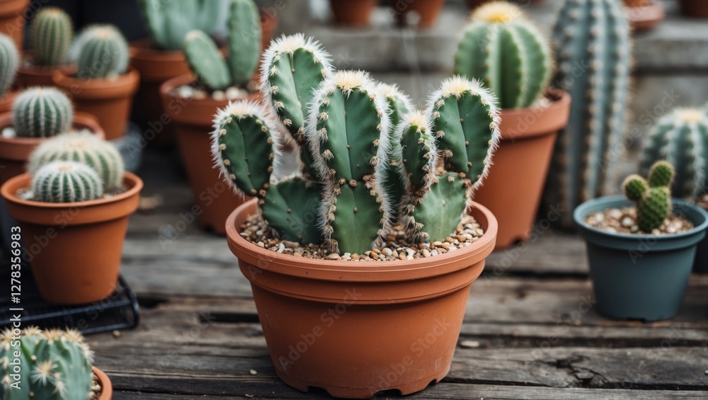Cacti Collection in Terracotta Pots on Wooden Table Organic Gardening and Indoor Plant Decor Cacti Collection in Terracotta Pots on Wooden Table Organic Gardening and Indoor Plant Decor