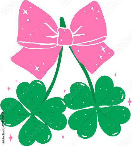 Coquette St Patrick 4 Leaf Clover with Pink Bow Flat Design