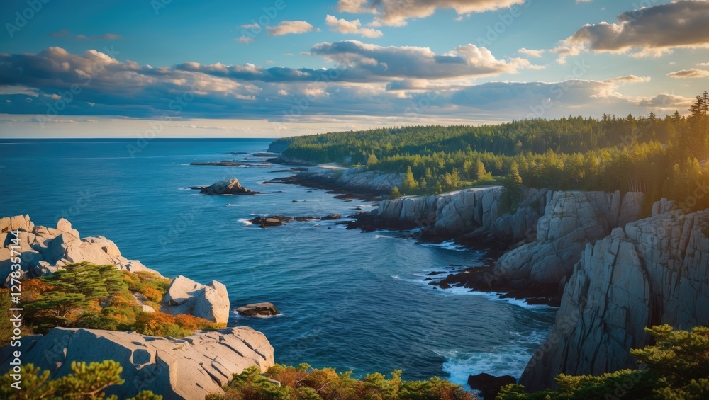 Scenic Maine Coastline at Sunset with Rocky Shores and Lush Greenery Ideal for Nature Photography and Text Overlay Scenic Maine Coastline at Sunset with Rocky Shores and Lush Greenery Ideal for Nature Photography and Text Overlay