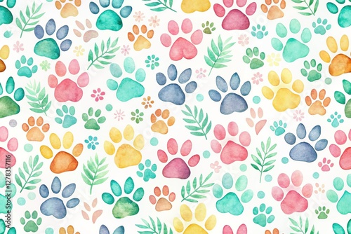 Whimsical Watercolor Paw Prints & Pet Silhouettes: Playful Pet Pattern Stock Photo
