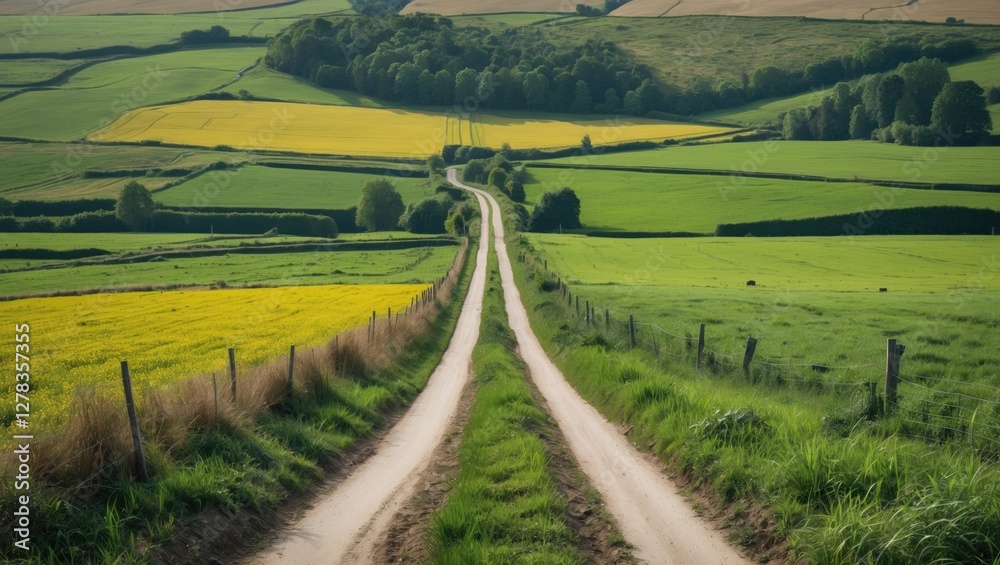 Fototapeta premium Scenic Rural Landscape View of a Dirt Road Through Lush Meadows and Fields Leading Towards a Gentle Hill in Agricultural Area