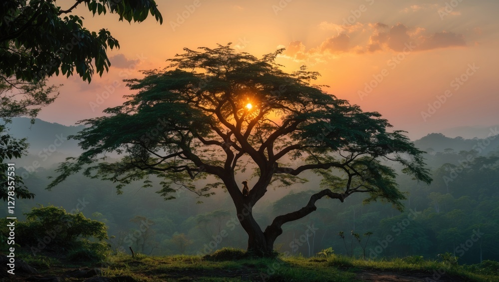 Serene Sunrise Over a Majestic Tree in a Lush Landscape with Soft Fog and Clear Space for Text or Graphics Serene Sunrise Over a Majestic Tree in a Lush Landscape with Soft Fog and Clear Space for Text or Graphics