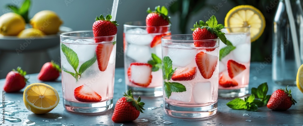 Refreshing strawberry lemonade with mint and ice in elegant glasses on a table garnished with fresh fruits and cool tones. Refreshing strawberry lemonade with mint and ice in elegant glasses on a table garnished with fresh fruits and cool tones.