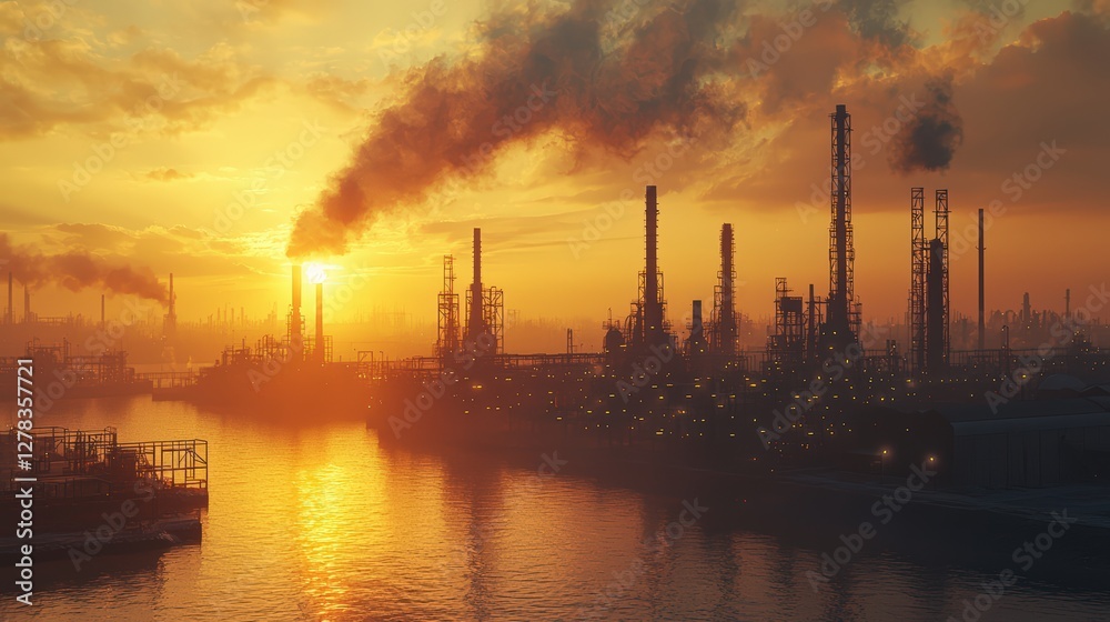 Industrial skyline at sunset with smoke billowing from refinery stacks and reflections on the water surface, creating a dramatic atmosphere Industrial skyline at sunset with smoke billowing from refinery stacks and reflections on the water surface, creating a dramatic atmosphere