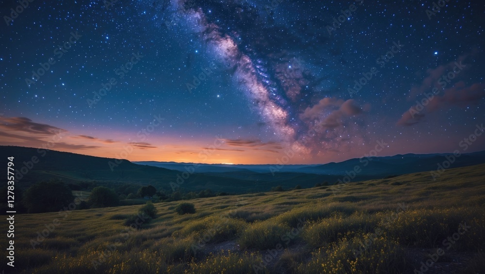 Fototapeta premium Stunning Night Sky Over Serene Landscape with Milky Way and Stars Illuminating the Horizon.