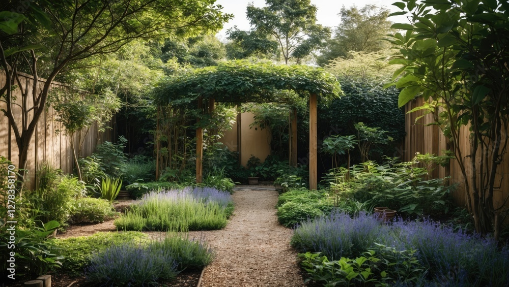 Serene Botanical Garden Pathway with Lush Greenery and Natural Lighting Ideal for Text Overlay Serene Botanical Garden Pathway with Lush Greenery and Natural Lighting Ideal for Text Overlay