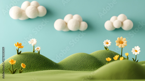 A cute wool felt scene with simple green hills, white clouds, and yellow flowers
