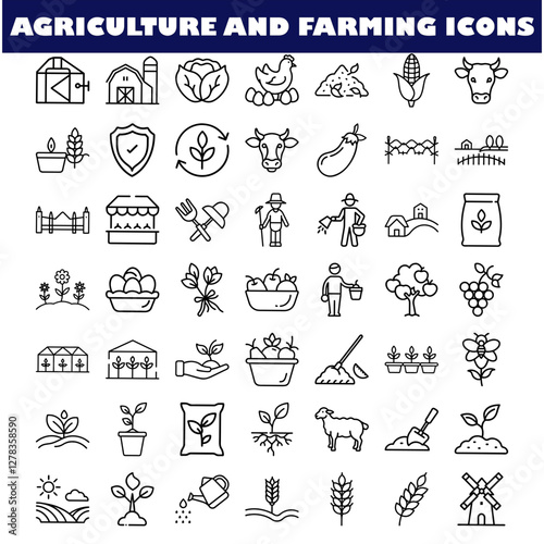 Agriculture Farming Icons Crops, Livestock, and Farm Equipment