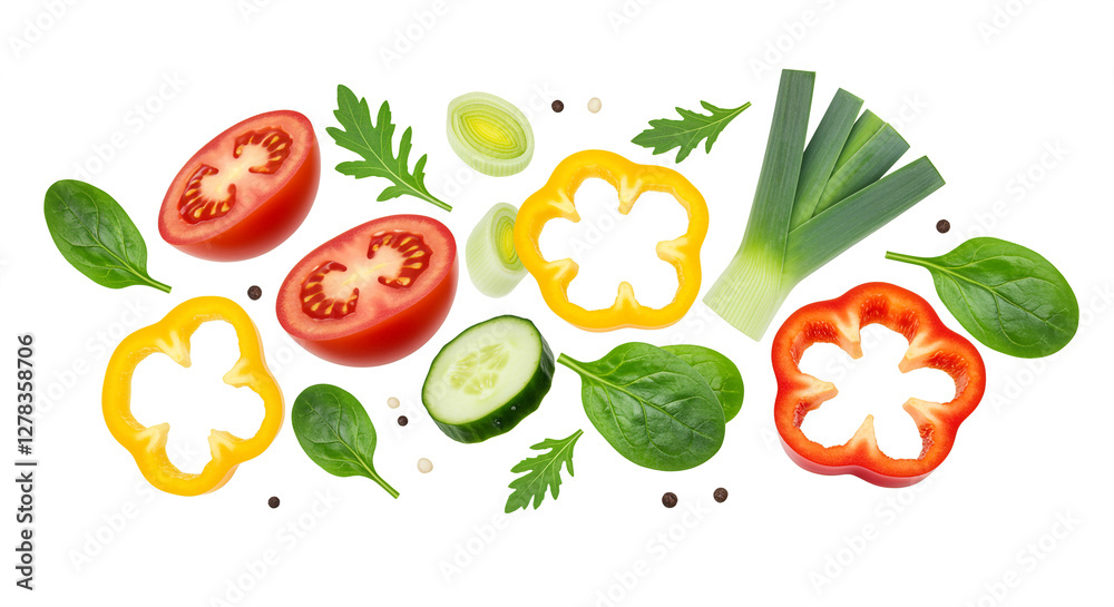 Fresh salad ingredients including tomatoes, peppers, spinach, and green onions on a white background Fresh salad ingredients including tomatoes, peppers, spinach, and green onions on a white background
