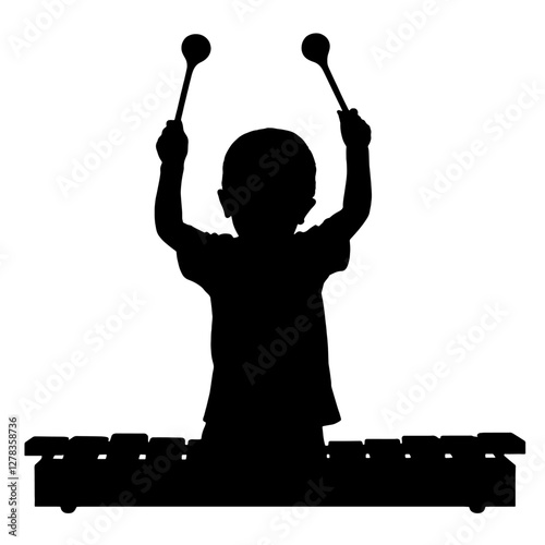 Child Playing the Xylophone, Holding Sticks Up, Ready to Strike the Instrument