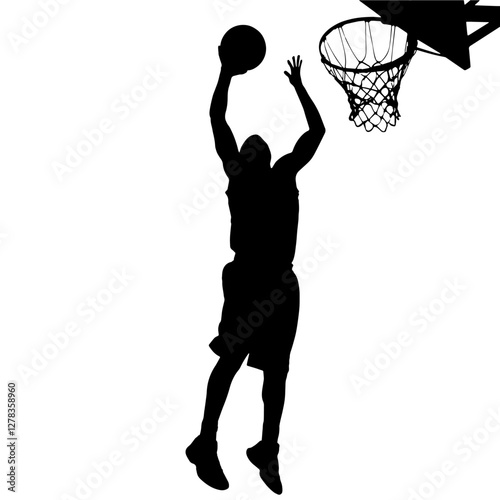 Silhouette of a basketball player jumping to make a shot, holding the ball with one hand, symbolizing athleticism, sports, and precision in basketball.