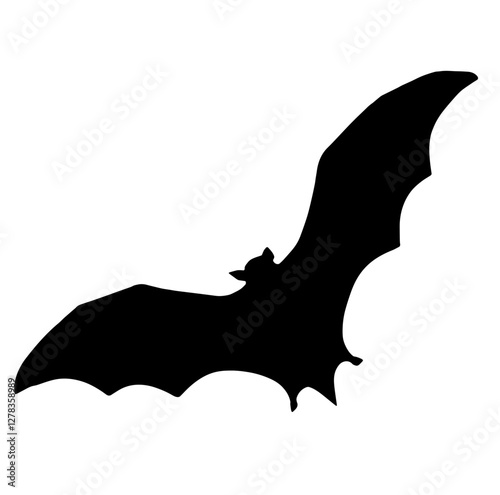 Silhouette of a bat in flight, wings spread wide on a white background, representing mystery, darkness, and Halloween symbolism.