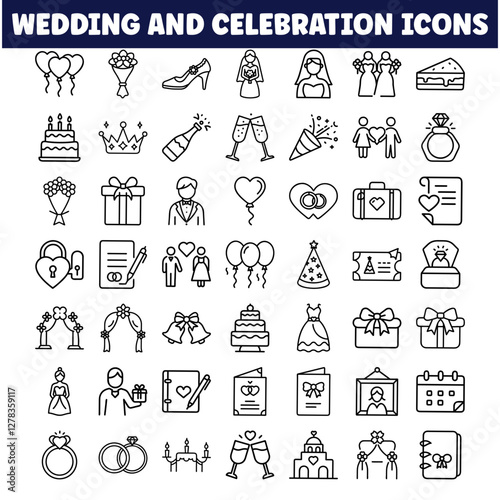 Wedding Celebration Icons Rings, Cakes, Dresses, and More