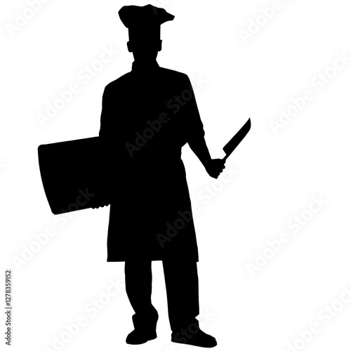 Silhouette of a chef wearing a chef's hat and apron, holding a knife in one hand and a large rectangular object, possibly a tray or cutting board, symbolizing culinary art and kitchen mastery.