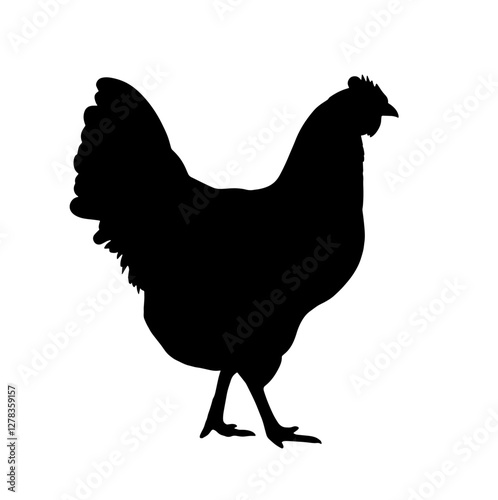 Silhouette of a rooster with tail raised and head turned to the right, depicted in profile on a white background, symbolizing morning, farm life, and vitality.