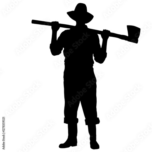 Silhouette of a farmer wearing a hat, standing with an axe on his shoulder, dressed in a long-sleeve shirt and pants, symbolizing hard work, agriculture, and rural life.