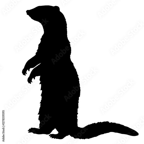 Silhouette of a ferret standing on its hind legs, resembling a meerkat, with a long, fluffy tail and elongated body, set against a white background.