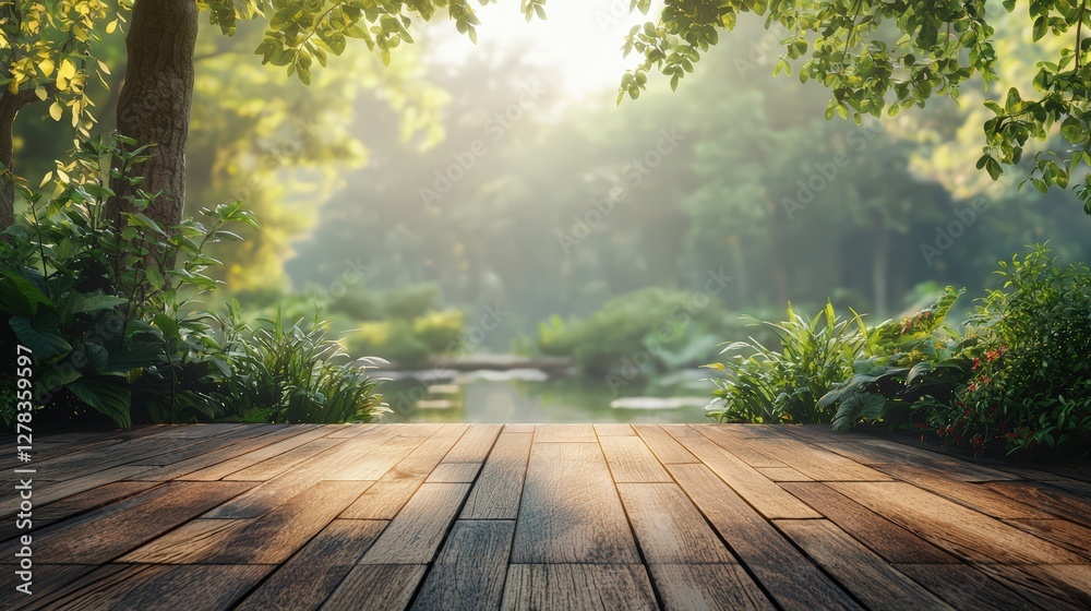 Serene Forest Scene with Wooden Deck Surrounded by Lush Greenery and Sunlight Filtering Through Leaves Serene Forest Scene with Wooden Deck Surrounded by Lush Greenery and Sunlight Filtering Through Leaves