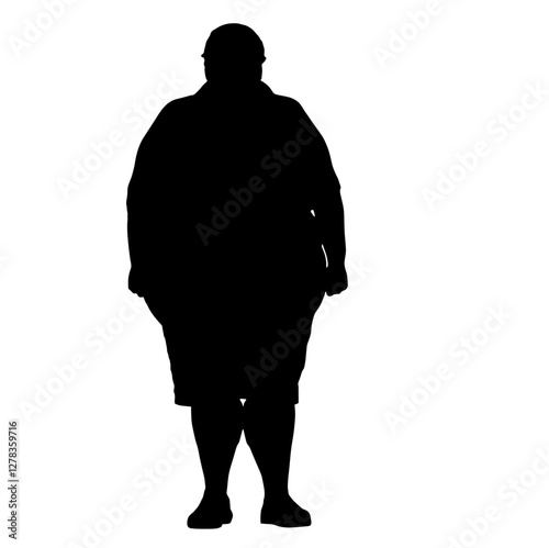 Silhouette of an overweight person standing upright with short legs, rounded shoulders, issues related to body weight, health, body image, societal perceptions of obesity