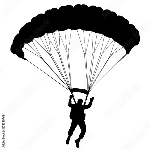 Silhouette of a parachutist descending from the sky with an open parachute, strapping connecting the parachute to the person, symbolizing adventure, thrill, and the excitement of skydiving and air spo
