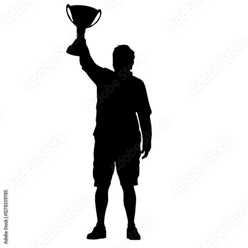 Silhouette of a person holding a raised trophy in their right hand, standing upright in profile, representing victory, achievement, and the triumphant moment of being awarded first place.