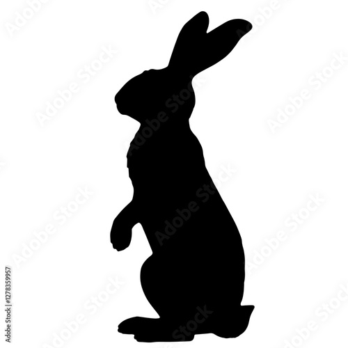 Silhouette of a rabbit standing on its hind legs with ears up and front paws bent, symbolizing the light and playful nature of small mammals in a peaceful outdoor environment.