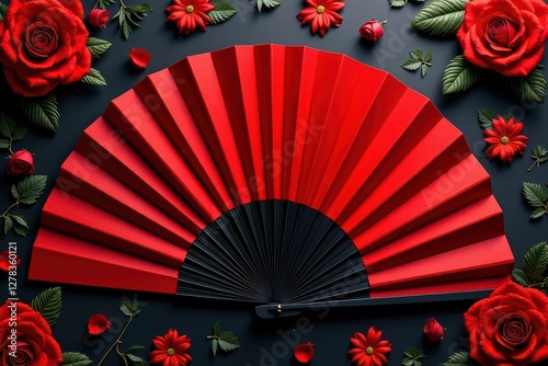 Elegant red Spanish fan surrounded by vibrant red roses on a dark background