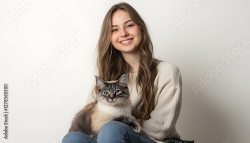 Young woman is holding a beautiful cat on her lap