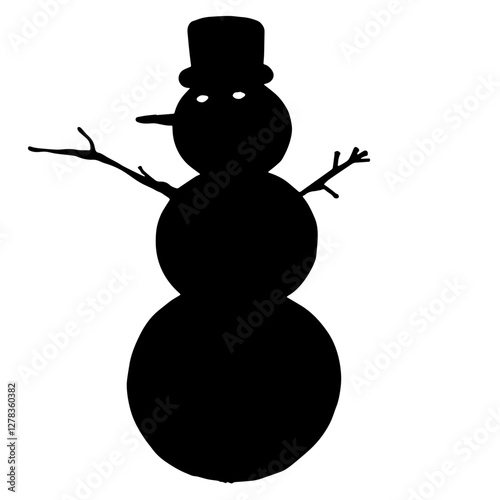 Snowman Silhouette with Three Snowballs, Branch Arms, Carrot Nose, and Cylindrical Hat, Only Contours and White Eyes Visible. Winter, Snow, and New Year