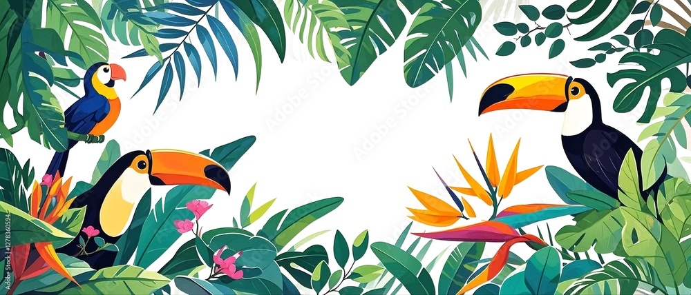 Fototapeta premium Toucans and a parrot surrounded by tropical plants and blooming flowers.
