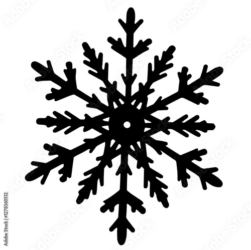 Black silhouette of a snowflake with six symmetrical branches, each with additional offshoots resembling fir branches, with a small circle at the center, symbolizing winter, Christmas, and snow for fe