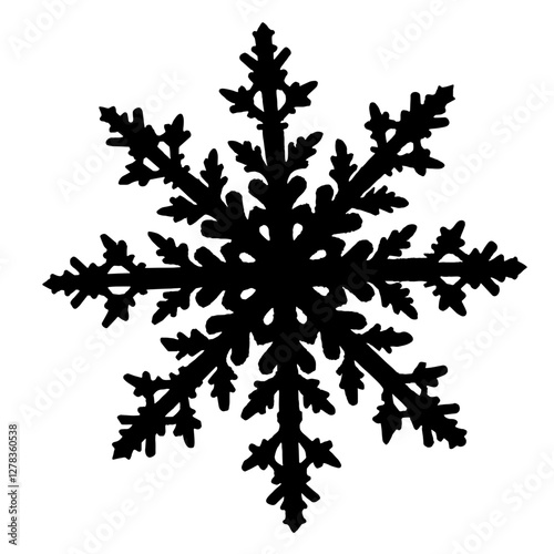 Black silhouette of a snowflake with six symmetrical branches, each adorned with small offshoots resembling leaves or needles, symbolizing winter, snow, and Christmas, perfect for detailed holiday des