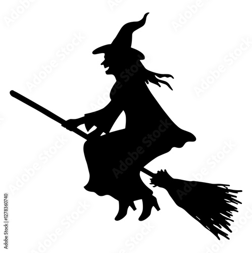 Silhouette of a witch flying on a broomstick, symbolizing Halloween magic, flight, and adventure, perfect for spooky and mystical Halloween-themed artwork and designs.

