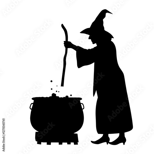 Silhouette of a witch stirring a cauldron, symbolizing Halloween, magic, and potion-making, perfect for spooky event illustrations and Halloween-themed graphics.

