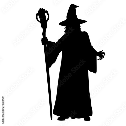 Silhouette of a wizard in a long robe and pointed hat holding a staff, embodying magic, mystery, and fantasy in minimalist art.