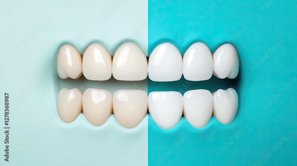 Luxury dental care concept with a split blue-and-white teeth whitening transition. Luxury dental care concept with a split blue-and-white teeth whitening transition.