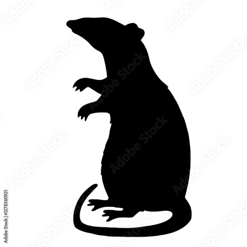 Silhouette of a rat standing on its hind legs with a long tail, lifted paws, and extended snout, symbolizing agility, cunning, and alertness, perfect for minimalist art or animal-related concepts.

