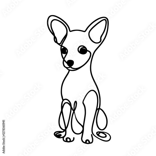 Minimalist line drawing of a Chihuahua and Toy Terrier dog sitting with big ears and expressive eyes, symbolizing loyalty, affection, and companion animals in simple and elegant design.

