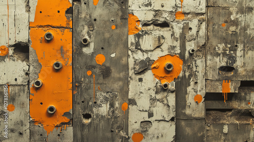 Wall textures with bullet holes of gun shots. Vector grunge seamless patterns of metal with orange paint, stone and concrete wall with bulletholes, orifices of gunshots
