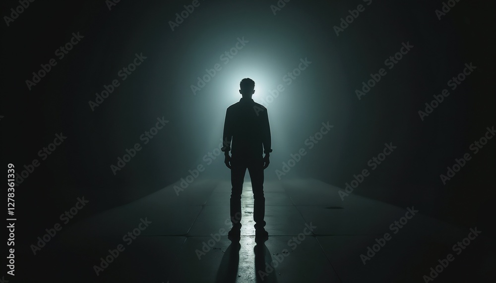 Symbolic loneliness portrayed in the silhouette of a man standing in a dark room with a single light source behind him Symbolic loneliness portrayed in the silhouette of a man standing in a dark room with a single light source behind him