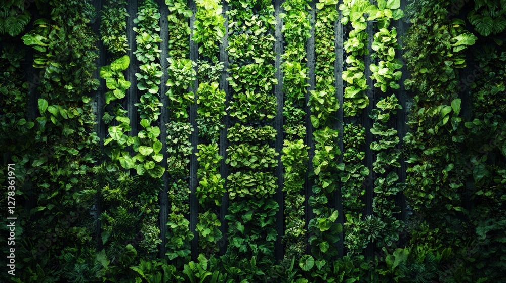 Obraz premium Lush Vertical Garden Featuring Diverse Greenery and Leafy Plants for Modern Indoor Aesthetic Appeal