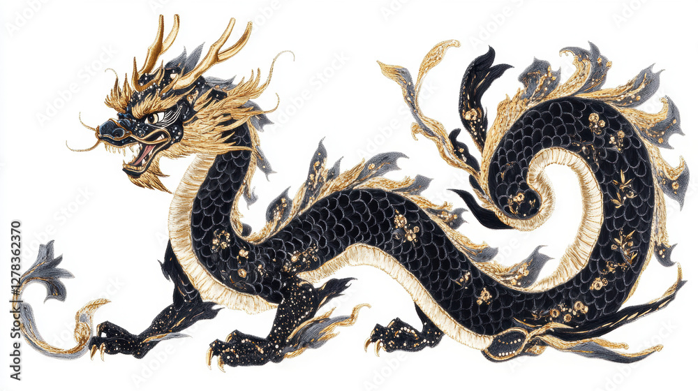 Obraz premium EmbroideredBlackandGoldDragon