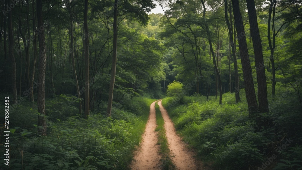 Obraz premium Serene Forest Trail Inviting Hikers Embracing Nature's Beauty and Peaceful Outdoor Adventure in Lush Green Environment