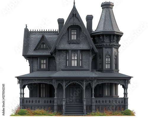 spooky, haunted house with intricate architecture and dark colors, featuring tower and detailed trim. eerie atmosphere evokes feelings of mystery and intrigue photo